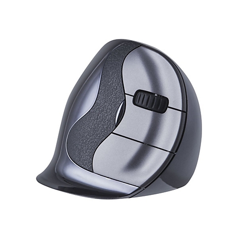 Dunkelgraue, vertikale ergonomische Computermaus vor weißem Hintergrund.