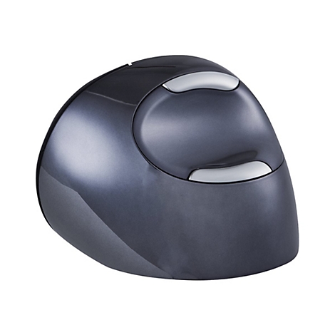 Dunkelgraue, ergonomische Computermaus in ovaler Form mit zwei glänzenden silbernen Tasten auf der Oberseite.