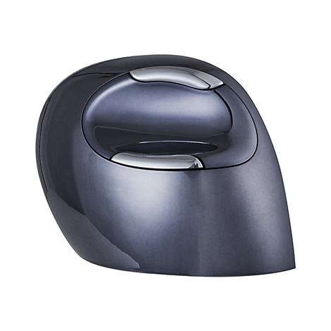 Dunkelgraue, ergonomische Computermaus mit glänzenden silbernen Tasten vor weißem Hintergrund.