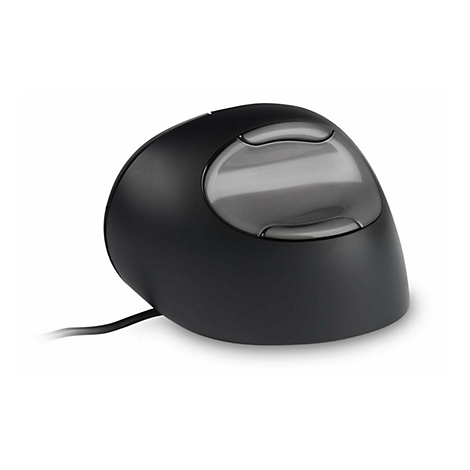 Schwarze, ergonomische Computermaus mit glänzender, ovaler Taste vor weißem Hintergrund.