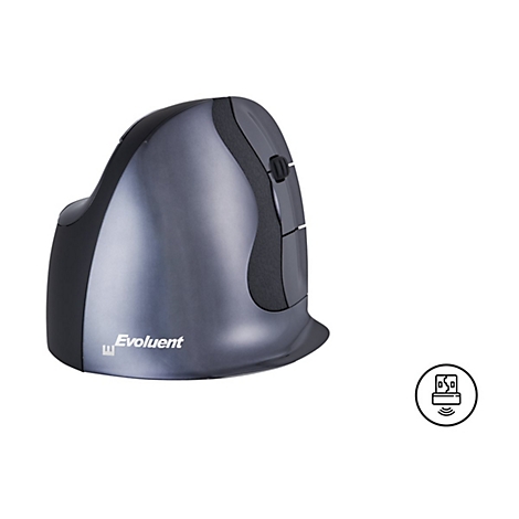 Ergonomische Maus, grau-schwarz, mit seitlichen Tasten und Logo.