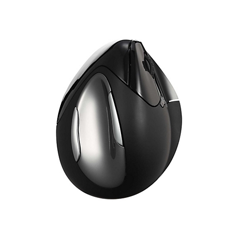 Schwarze, ergonomische Vertikal-Computermaus mit silbernen Akzenten vor weißem Hintergrund.