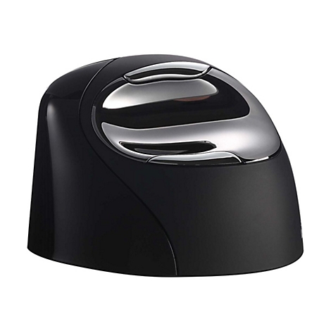 Schwarze, ergonomische Vertikalmaus in kuppelartigem Design mit silbern glänzenden Tasten auf weißem Grund.