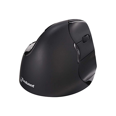 Schwarze, ergonomische Evoluent Vertikalmaus vor weißem Hintergrund.