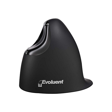 Schwarze vertikale Evoluent-Ergonomiemaus in Seitenansicht vor weißem Hintergrund.