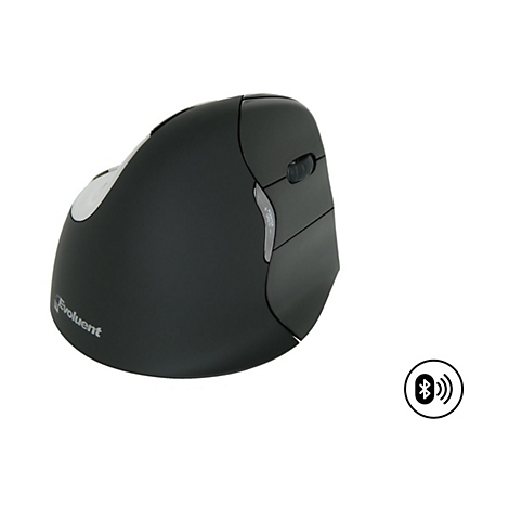 Ergonomische, schwarze Maus mit weißem Logo und Bluetooth-Symbol. Auf der Seite befinden sich Pfeiltasten zur Steuerung der Zeigergeschwindigkeit.