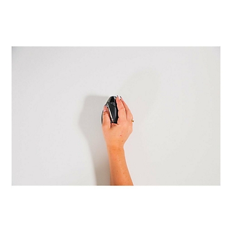 Eine Hand hält eine schwarze Computermaus auf weißem Hintergrund. Die Frau trägt einen goldenen Ring.