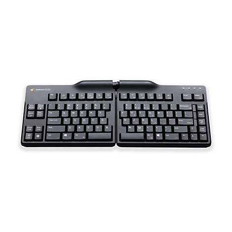 Schwarze, ergonomische und teilbare Goldtouch-Tastatur vor weißem Hintergrund.