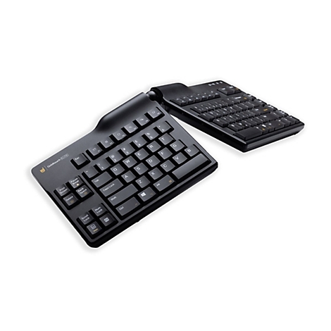 Schwarze, ergonomische Goldtouch-Tastatur in zwei Teilen auf weißem Hintergrund.