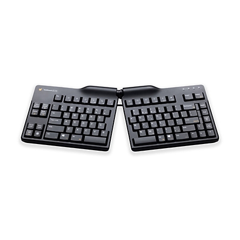Eine geteilte, schwarze ergonomische Tastatur vor einem weißen Hintergrund.