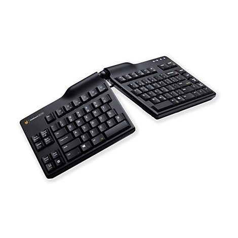 Schwarze, ergonomische Goldtouch Elite Tastatur, in der Mitte geteilt und angewinkelt.