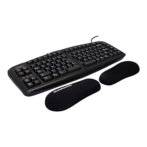 Schwarze, ergonomisch geteilte Goldtouch-Tastatur mit zwei separaten, gepolsterten Handballenauflagen vor weißem Hintergrund.