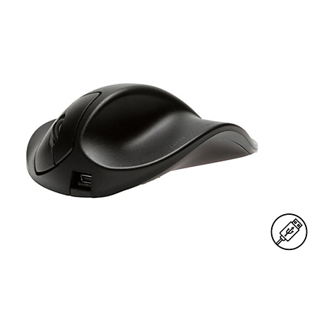 Schwarze, ergonomisch geformte Computermaus mit USB-Anschluss vor weißem Hintergrund.