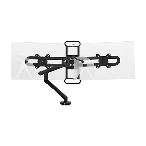 Zwarte monitorarm die een breed, gebogen scherm vasthoudt. Gedetailleerd beeld van het mechanisme met beugel, arm en basis.