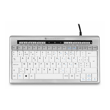 Kompakte silberne BakkerElhuizen AZERTY-Tastatur mit weißen Tasten und Funktionsleiste auf weißem Hintergrund.
