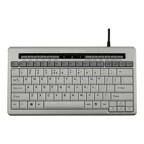Kompakte, graue Bakker Elkhuizen QWERTY-Tastatur mit Multimedia-Tastenleiste und weißem Hintergrund.