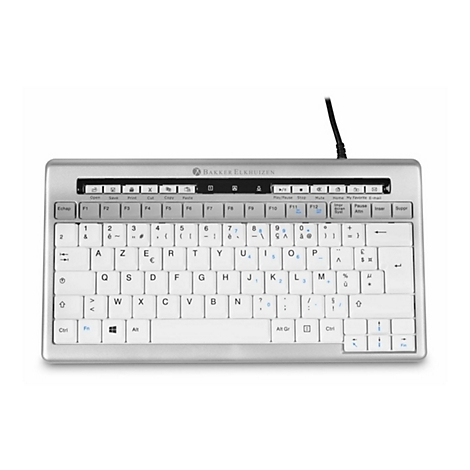 Kompakte silberne Tastatur von Bakker Elkhuizen mit weißem AZERTY-Tastenlayout und zusätzlichen Medientasten.