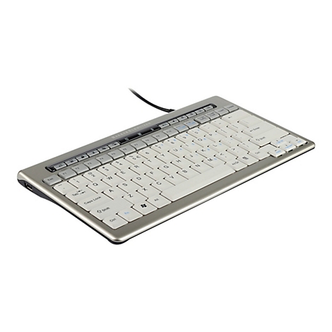 Kompakte, silber-weiße BakkerElkhuizen Computertastatur mit Kabel vor weißem Hintergrund.