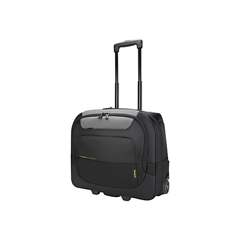 Schwarzer Targus Business-Trolley mit ausziehbarem Griff auf weißem Hintergrund.