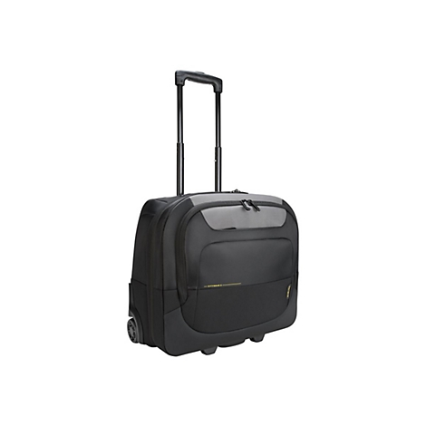 Schwarzer Targus Citygear 3 Rollkoffer mit ausziehbarem Griff vor weißem Hintergrund.