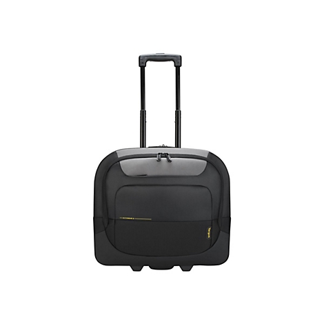 Schwarzer Targus CityGear 3 Rollkoffer mit ausziehbarem Griff vor weißem Hintergrund.