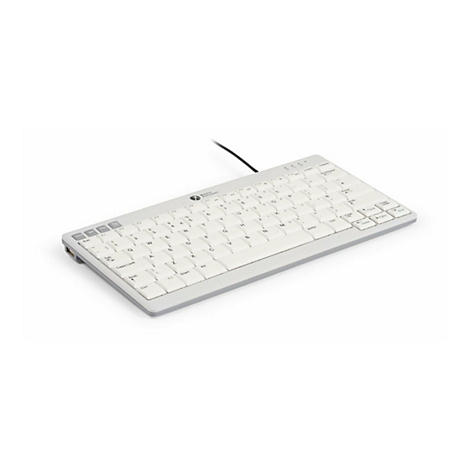 Weiße kompakte Computertastatur mit grauem Rahmen vor weißem Hintergrund.