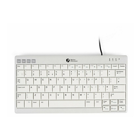 Kompakte weiße Computertastatur der Marke BakkerElhuizen mit QWERTY-Layout auf weißem Hintergrund.