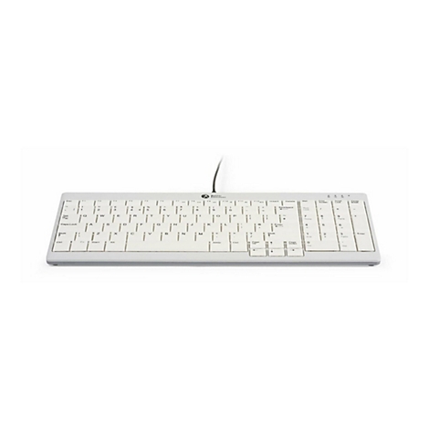 Weiße flache Tastatur mit Kabelanschluss vor weißem Hintergrund.