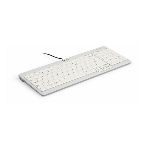 Weiße Tastatur mit silbernem Rahmen vor weißem Hintergrund.