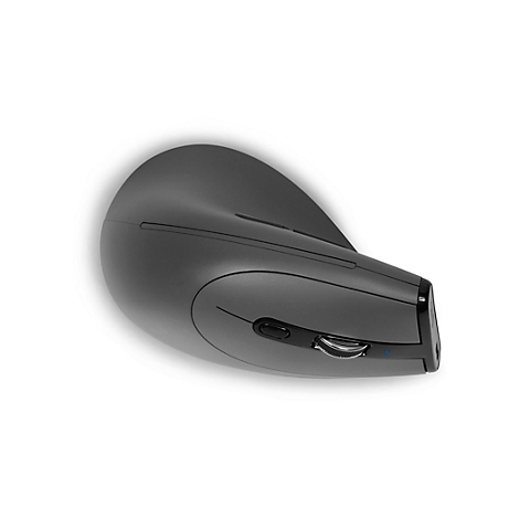 Ergonomische Maus in Grau von oben, mit Scrollrad und Knöpfen.