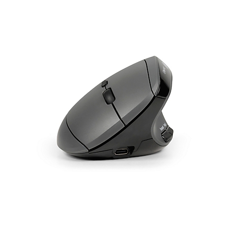 Ergonomische, graue Maus im Vertikal-Design. Auf weißem Hintergrund. Mit Tasten und USB-C Anschluss.