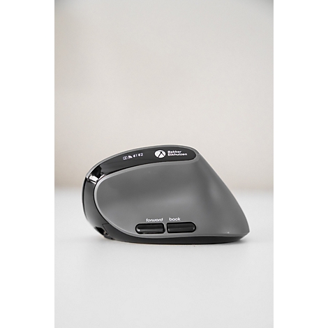 Graue ergonomische Maus von Bakker Elkhuizen mit zwei Tasten, 'forward' und 'back'.