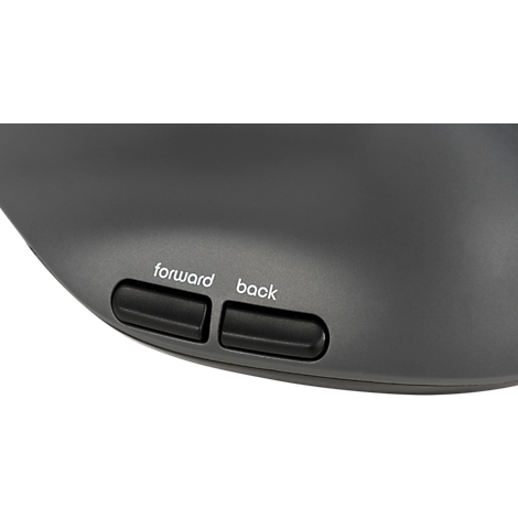 Nahaufnahme einer Computermaus. Zwei Tasten, beschriftet mit "forward" und "back".
