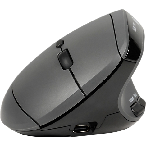 Ergonomische Maus in Grau mit schwarzer Oberfläche. Sie hat eine vertikale Form und mehrere Tasten.