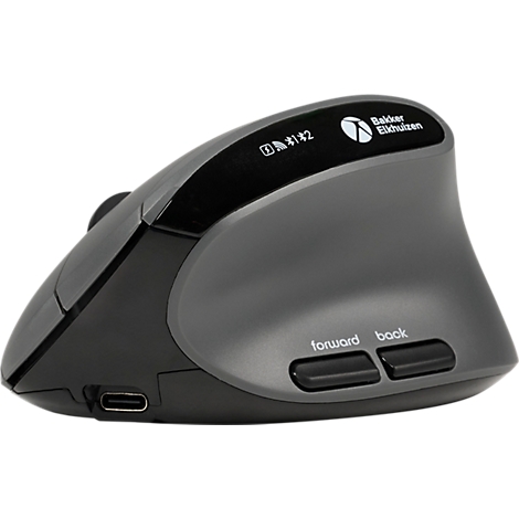 Ergonomische Maus in Grau-Schwarz. Mit zwei Tasten, 'vorwärts' und 'zurück'. Ein Logo und Ladeanzeige sind oben.