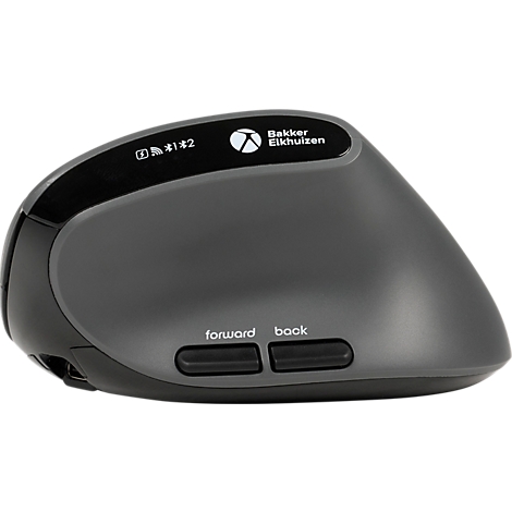 Ergonomische Maus, grau. Vorwärts- und Zurück-Tasten, Herstellerlogo und Symbole.