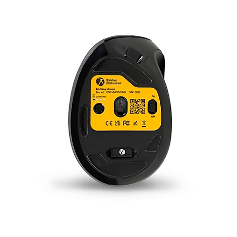 Schwarze ergonomische Maus mit gelbem Mittelteil. Details mit QR-Code und CE-Zeichen.