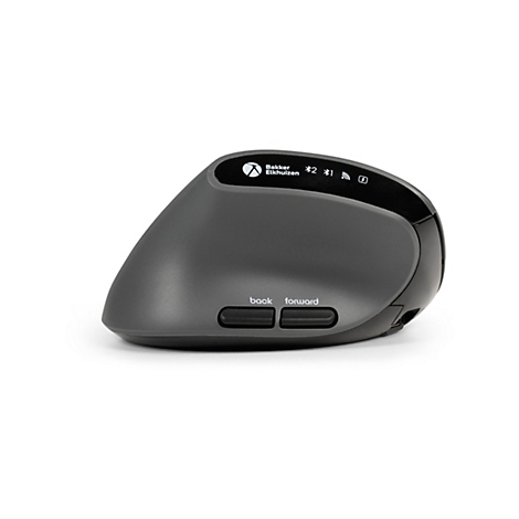 Ergonomische Maus in Grau mit Tasten für "zurück" und "vorwärts". Oben Logo und Symbole.