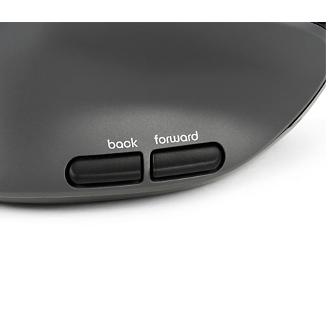 Nahaufnahme einer Computermaus. Zwei Tasten mit den Beschriftungen "back" und "forward".