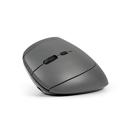 Graue ergonomische Maus, mit zwei Tasten oben und einer seitlichen Taste. Auf weissem Hintergrund.