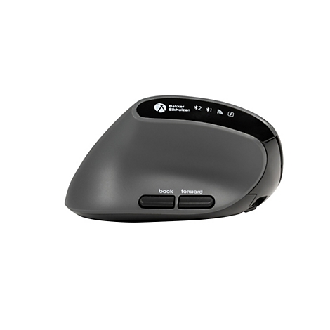 Ergonomische, graue Maus. Zwei Tasten mit den Beschriftungen "back" und "forward". Oberhalb kleine Anzeige und Logo.