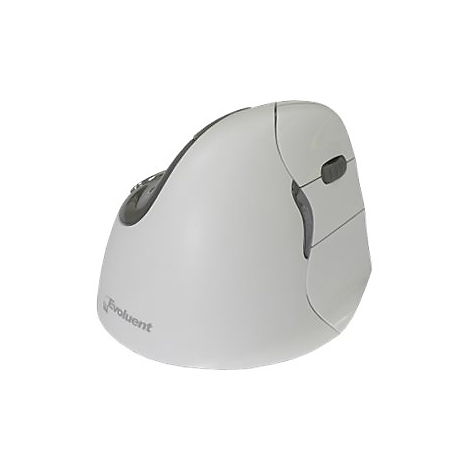 Hellgraue vertikale Evoluent-Ergonomie-Maus vor weißem Hintergrund.