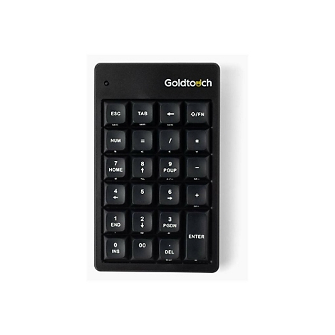 Schwarzer Goldtouch Ziffernblock mit weißen Tastenbeschriftungen vor neutralem Hintergrund.