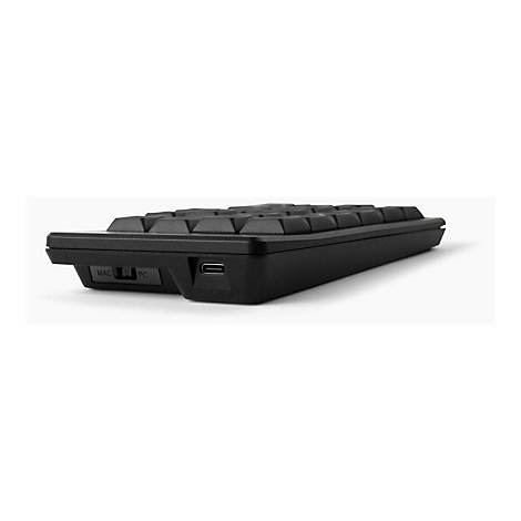 Seitenansicht eines schwarzen Ziffernblocks mit USB-C-Anschluss und Mac/PC-Schalter auf weißem Hintergrund.