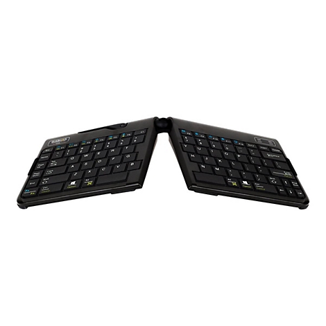 Schwarze, geteilte, ergonomische Goldtouch-Tastatur vor weißem Hintergrund.