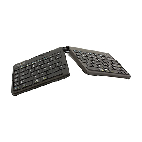 Schwarze, faltbare Goldtouch-Tastatur vor weißem Hintergrund.