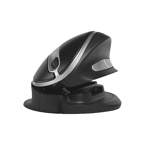 Schwarze, ergonomische Vertikal-Computermaus mit silbernen Akzenten vor weißem Hintergrund.