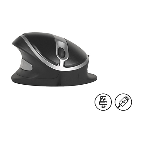 Schwarze, ergonomische Vertikal-Computermaus mit silbernen Akzenten und zwei USB-Symbolen rechts unten.