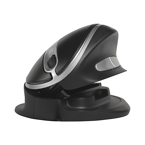 Schwarze vertikale ergonomische Maus mit silbernen Akzenten und Scrollrad auf weißem Hintergrund.