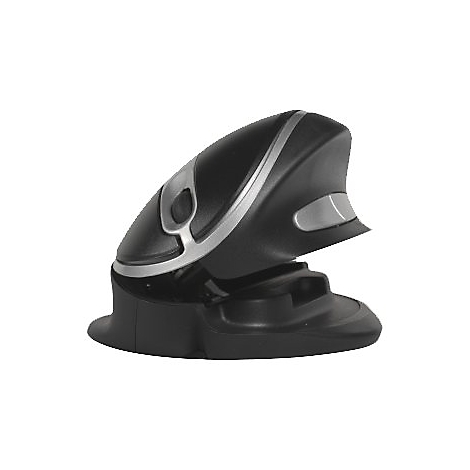 Schwarze vertikale ergonomische Maus mit silbernen Akzenten vor weißem Hintergrund.